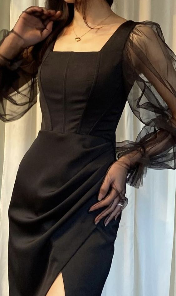 Elegant Black Sheath Long Sleeves Side Slit Prom Dresses