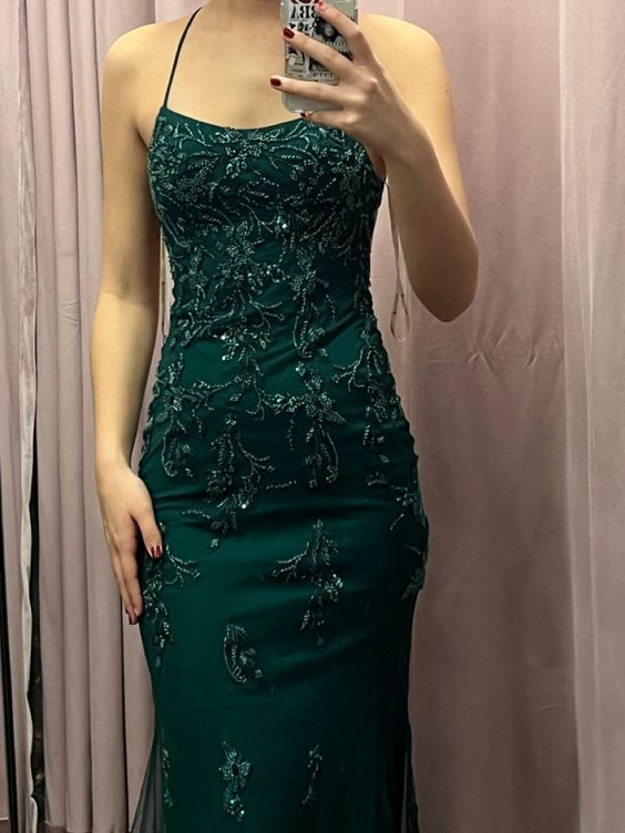 Sexy Backless Mermaid Green Tulle Beaded Long Prom Dress Formal Evening Gown