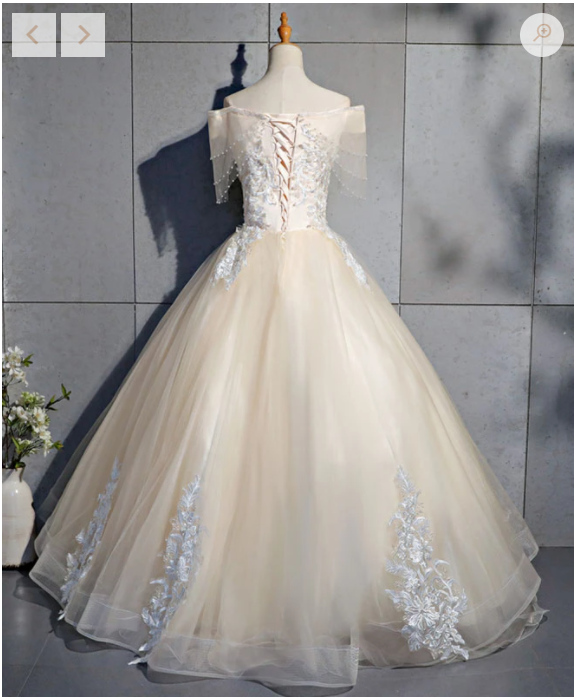 Champagne tulle lace long prom dress, champagne tulle evening dress