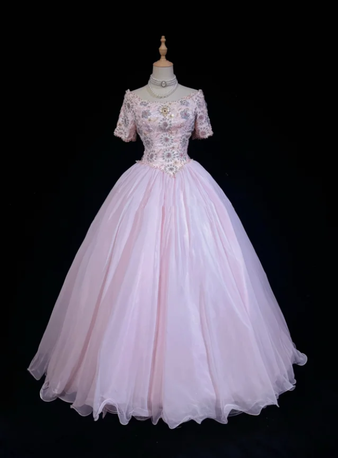 Charming Pink Tulle Lace Beaded Ball Gonn Long Birthady Evening Dress