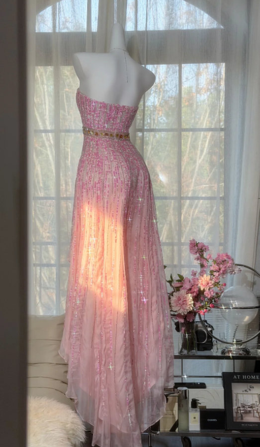 Glamorous Pink Strapless Chiffon Sequin Beaded Mermaid Party Dress Long Prom Dress