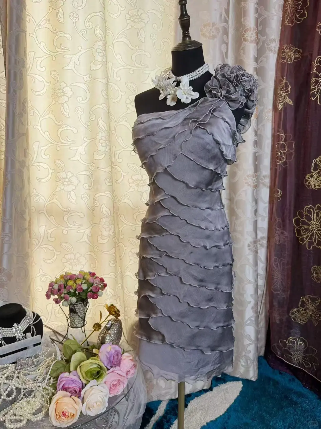Vintage One Shoulder Gray Chiffon Sheath Cocktail Dress Formal Graduation Homecoming Dress