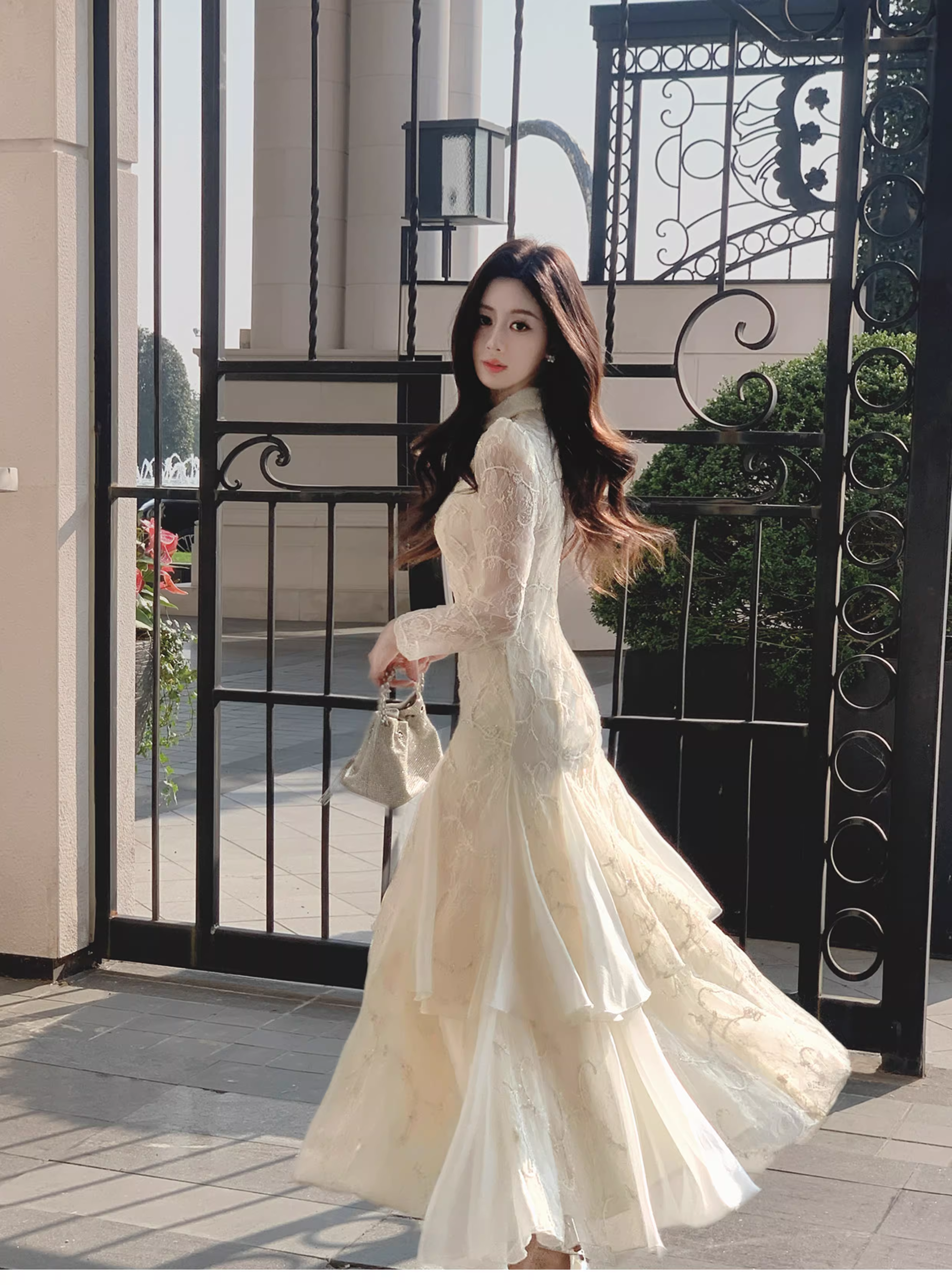 Pretty Beige Tulle Lace Mermaid Long Evening Dress Birthday Prom Dress