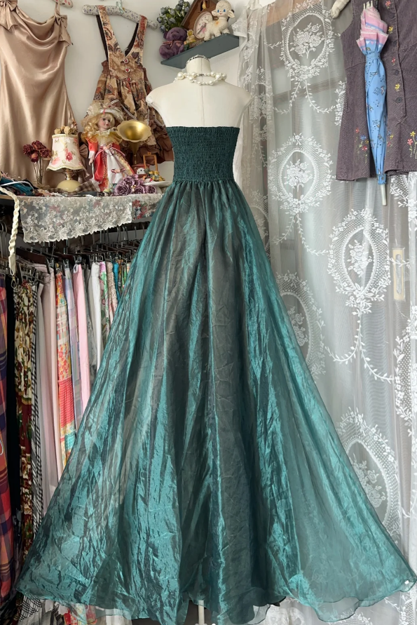 Vintage Strapless Dark Green Organza Ball Gown Long Evening Dress