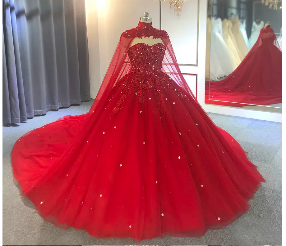 Red Ball Gown With Cape And Beads, Luxury Prom Dress