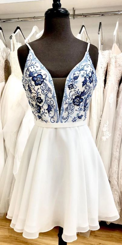 cute short whtie and blue floral embroidery short homecoming dress