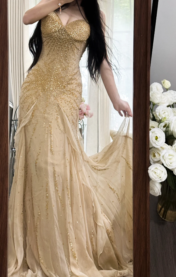 Pretty Spaghetti Straps Chiffon Beaded Ruffles Long Party Dress Yellow Mermaid Evening Dress