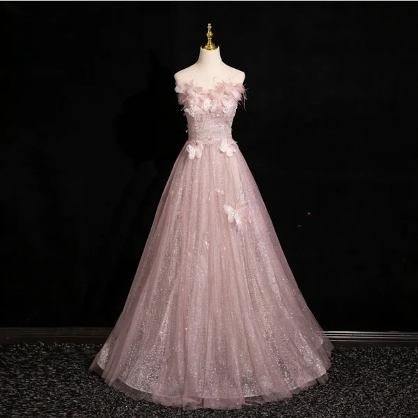 Pink Tulle Sequins Off the Shoulder Butterfly Flower Prom Dress Sweet Ball Gown