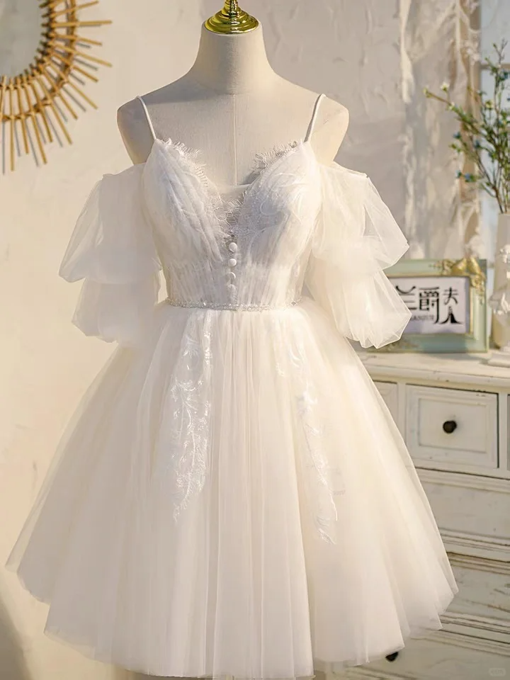Elegant Spaghetti Straps White Tulle Appliques A Line Birthday Outfits Short Prom Dress