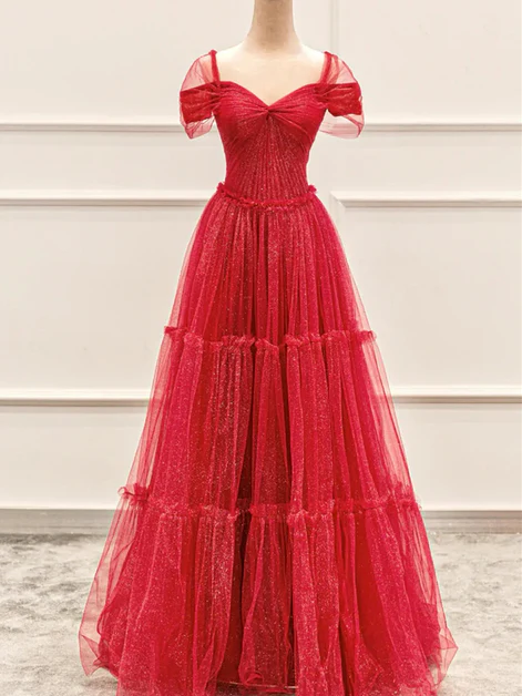 Pretty Red Tulle Off The Shoulder Evening Dress Shiny Sweetheart Prom Party Dress
