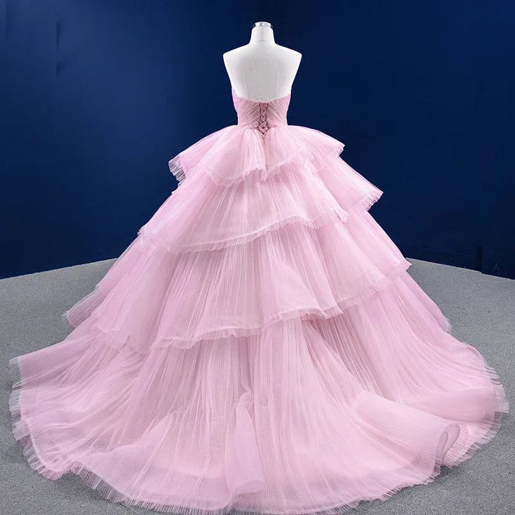 Luxurious Pink Tulle Beaded Layered Ball Gown Sweet 16 Dress Quinceanera Dress