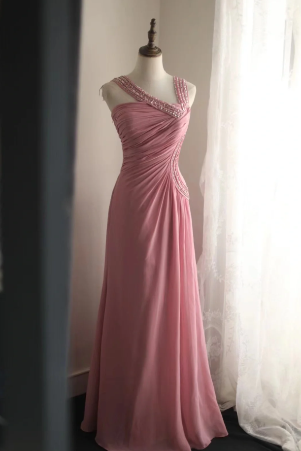 Pretty Pink Chiffon Beaded Mermaid Long Party Dress Evening Gown