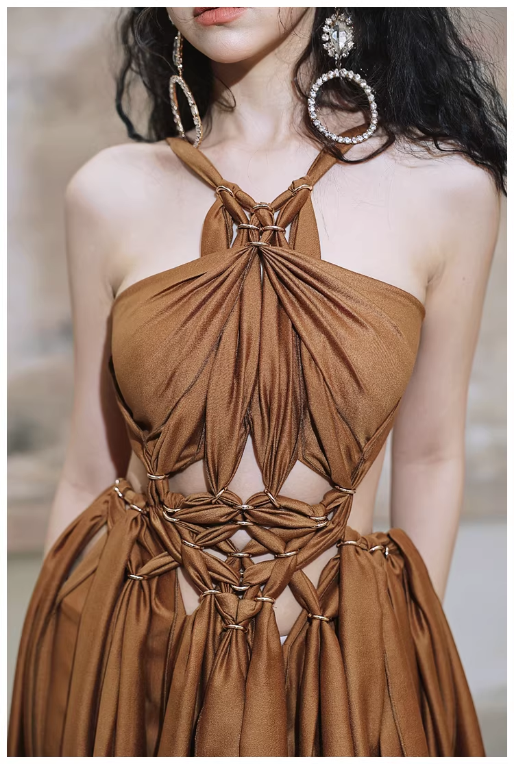 Sexy Halter Caramel Backless Satin Long party Dress Evening Gown