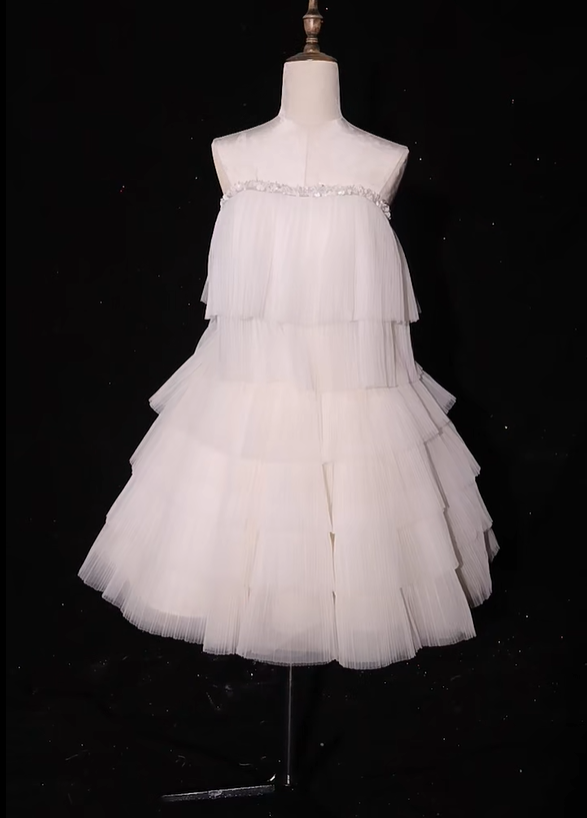 Classy White Strapless Tulle Pleated Layered A Line Birthday Outfits Short Graduation Homecoming Dress