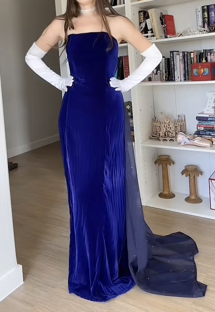 Charming Royal Blue Strapless Velvet Long Evening Dress Formal Birthday Party Dress With Gloves