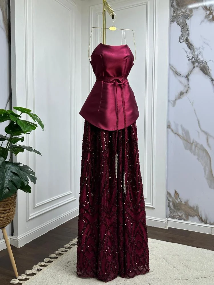 Vintage Burgundy Satin Sequin Evening Dress Formal Prom Dress
