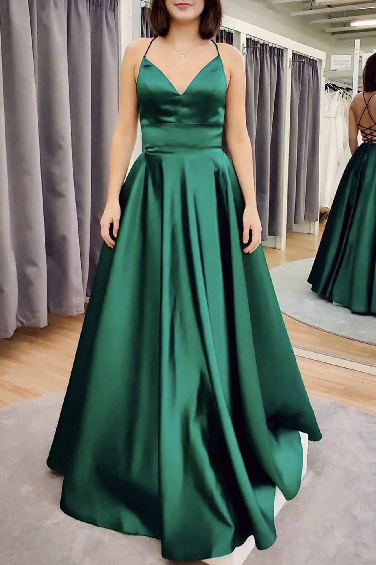Green V Neck Backless Satin Prom Dresses, Open Back Green Satin Formal Evening Dresses