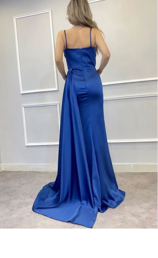 Spaghetti Straps Blue Mermaid Side Slit Long Prom Dress With Train,Party Dress,Evening Dress ,Slit Dress