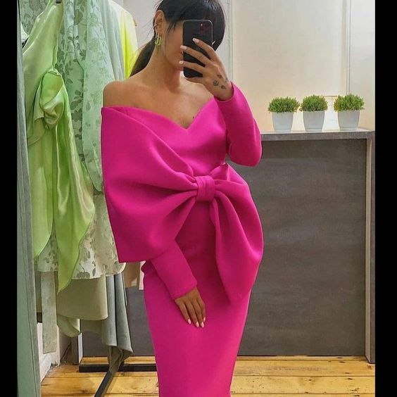 Women's Elegant V-Neck Off Shoulder Long Dress Big Knot Slim Evening Dresses Boutique Occasion Dresses
