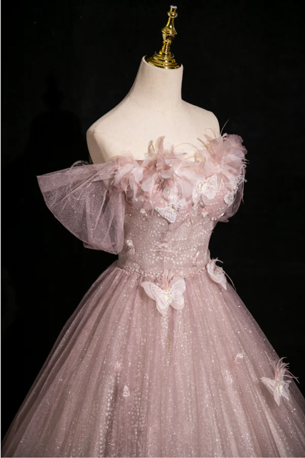 Pink Tulle Sequins Off the Shoulder Butterfly Flower Prom Dress Sweet Ball Gown