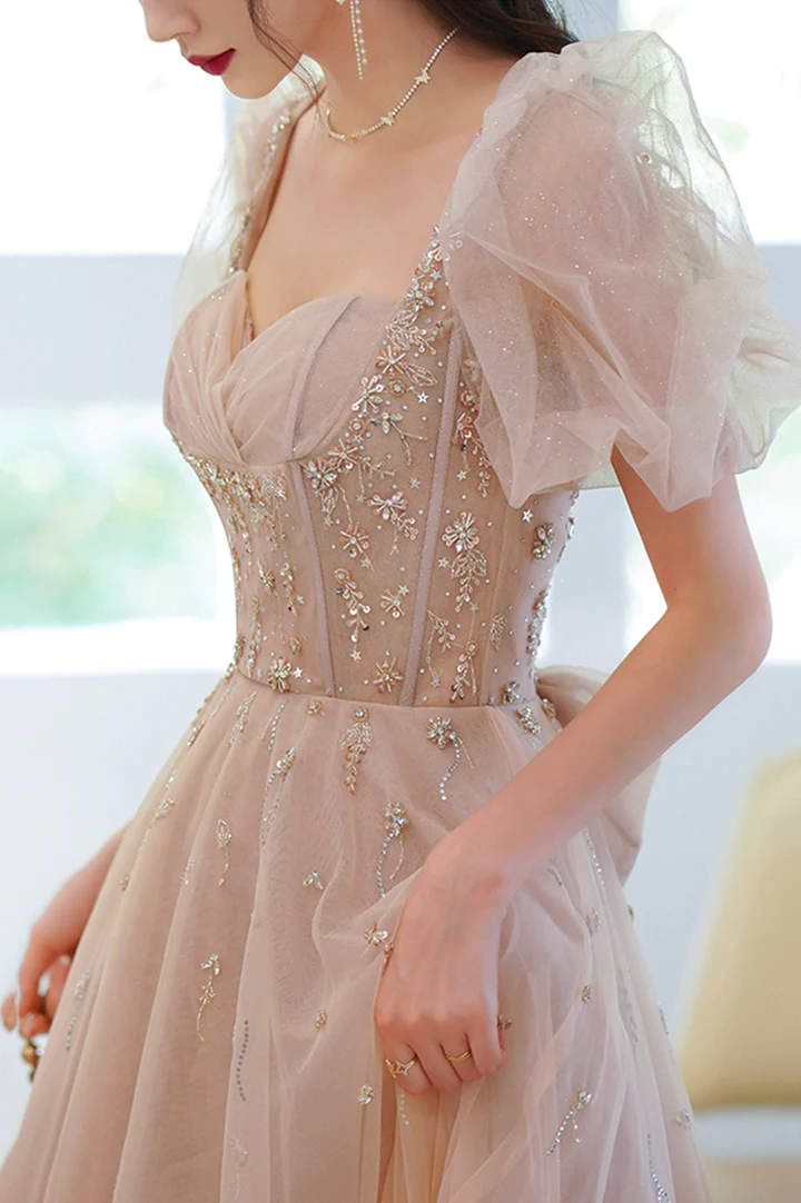 Cute tulle beads long prom dress A line evening gown