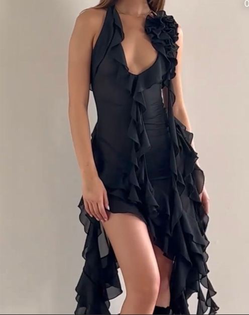 Sexy Hot Pink Halter Chiffon Ruffles Long Birthday Party Dress Formal Prom Dress