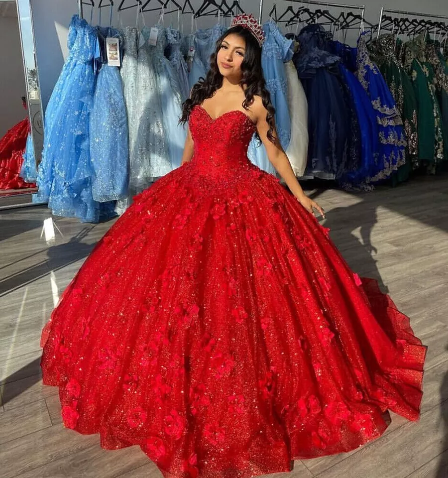 Classy Strapless Red Sequin Tulle Appliques Ball Gown ,Formal Sweet 16 Dress