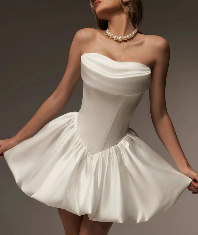 Pretty Strapless Satin A Line White Homecoming Dress Formal 20th Birthday Outfits
