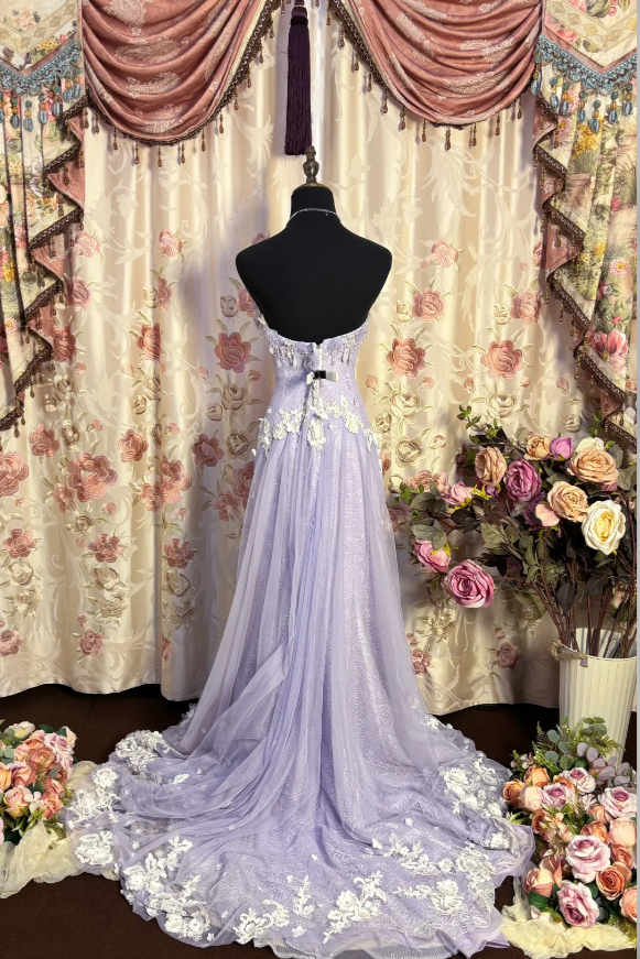 Pretty Strapless Tulle Lace Appliques Beaded Mermaid Slit Evening Dress Purple Birthday Party Gown