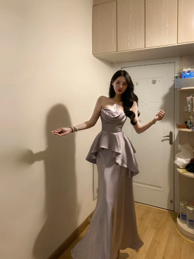 Stylish Strapless Purple Satin Mermaid Long Party Dress Formal Wedding Guest Dress