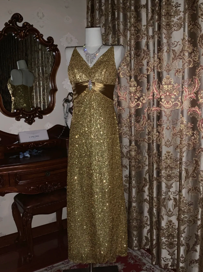 Glitter V Neck Sequin Beaded Gold Mermaid Party Dress Long Evening Dress