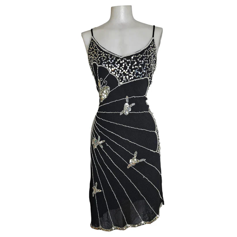Vintage Black Strapless Butterfly Sequin Birthday Short Skirt Homecoming Dress