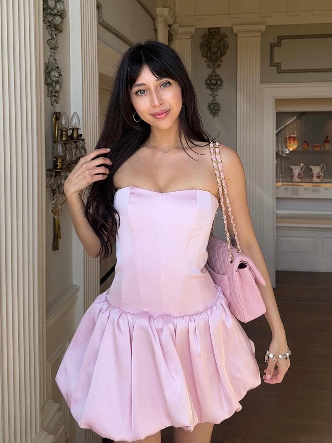 Pretty A Line Strapless Pink Satin Short Homecoming Dress with Criss Cross Back