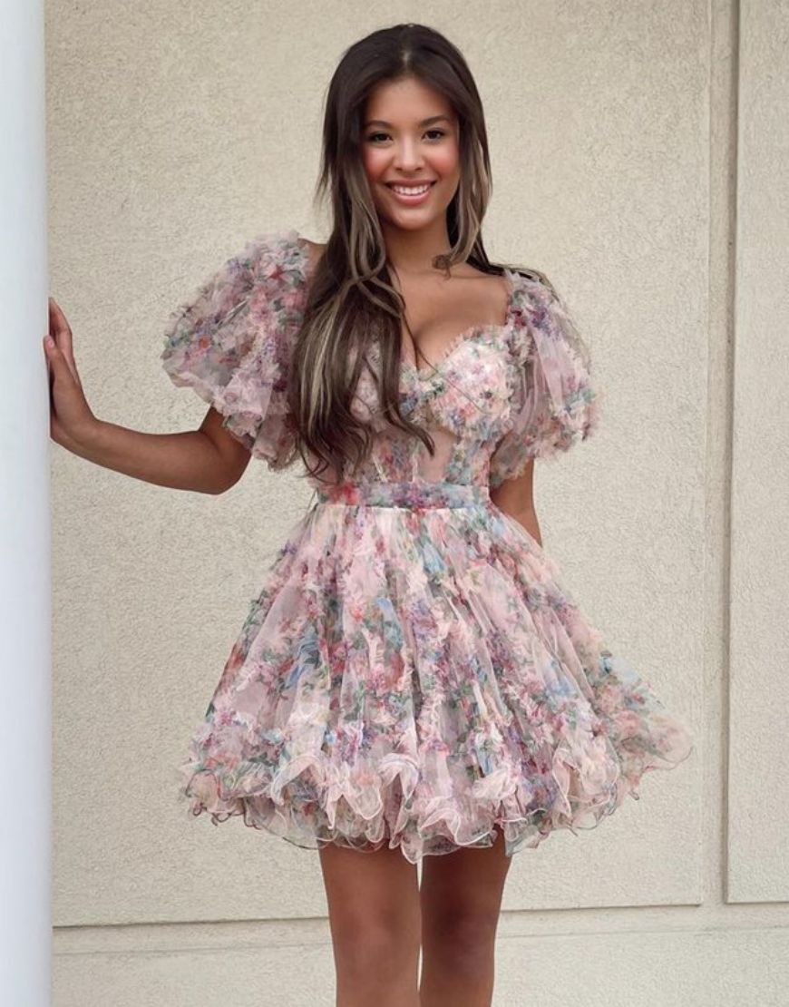 Cute A-Line Off The Shoulder Short Tulle Print Homecoming Dress