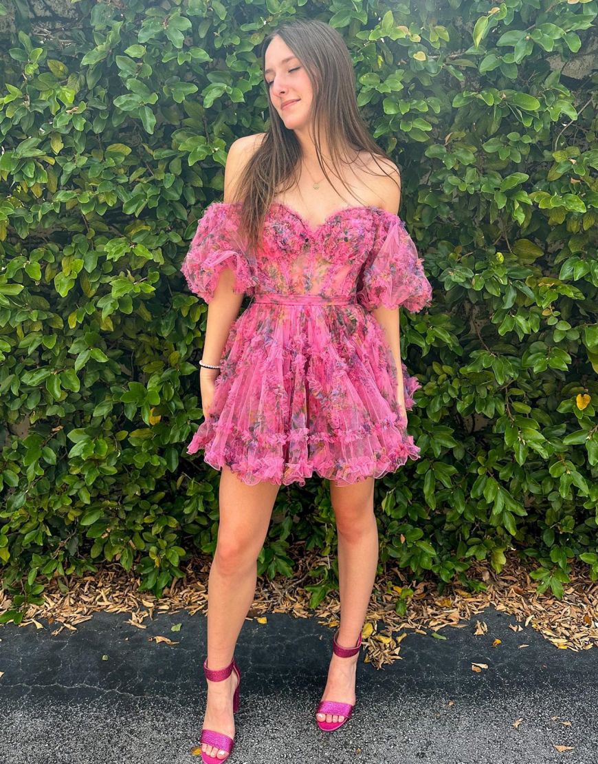 Cute A-Line Off The Shoulder Short Tulle Print Homecoming Dress