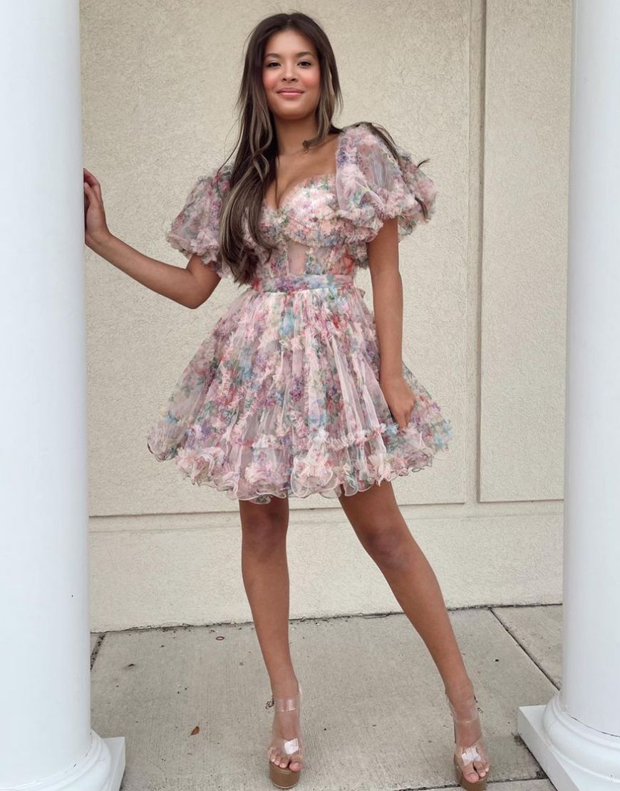 Cute A-Line Off The Shoulder Short Tulle Print Homecoming Dress