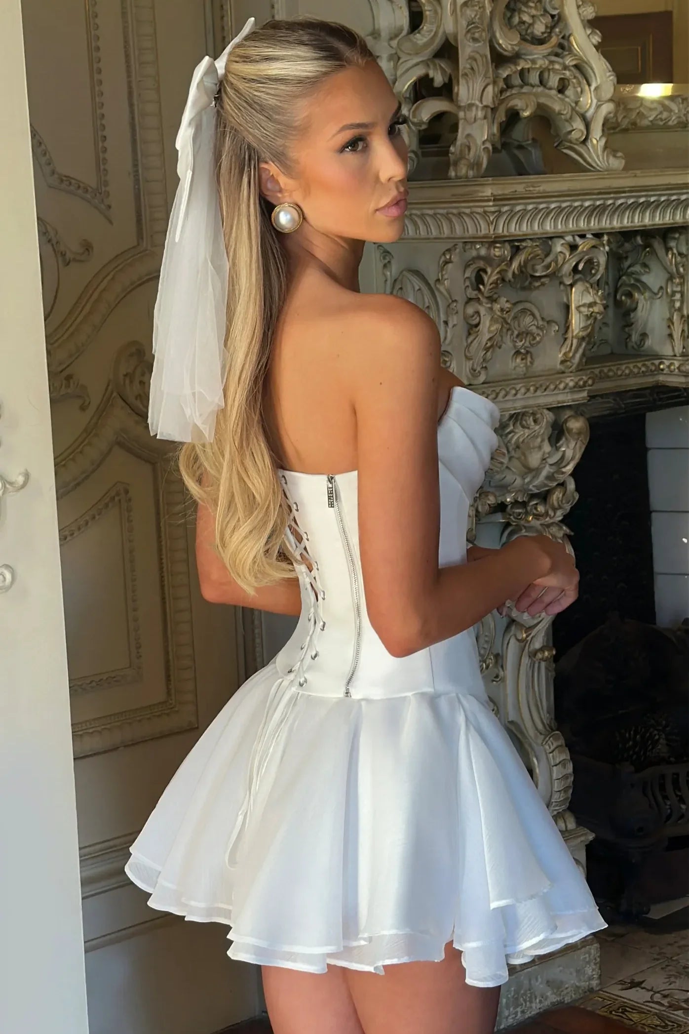 Princess A Line Strapless White Satin Short Homecoming Dress with Ruched