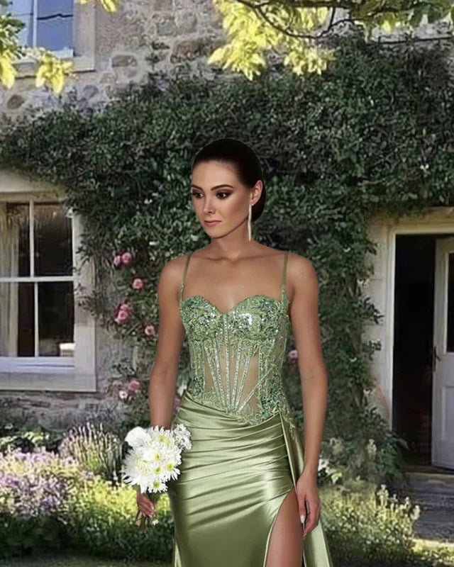 Pretty Mermaid Spaghetti Straps Sage Green Long Satin Prom Dresses Formal Evening Dress