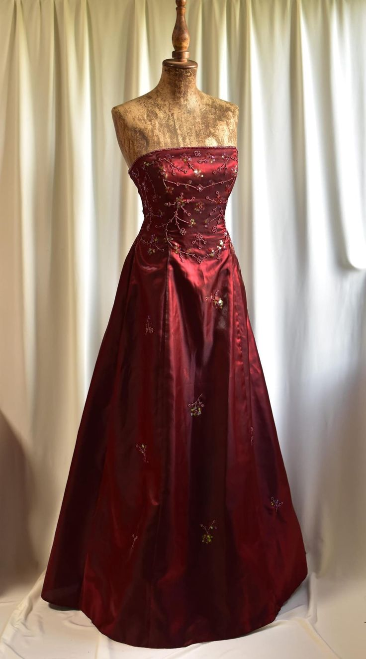Vintage Burgundy Strapless Satin Beaded A Line Long Evening Dress Birthday Party Dress