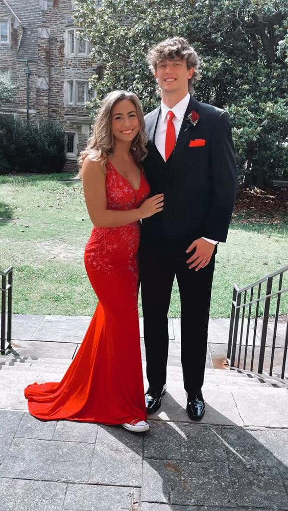 Elegant Red V Neck Mermaid Prom Dress,Red Formal Gown
