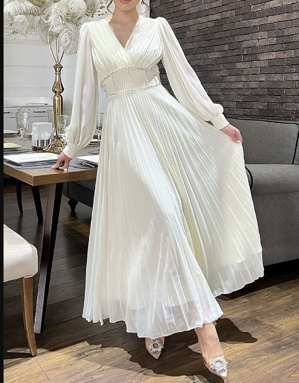 Elegant White Long Sleeves Prom Dress,White Evening Dress