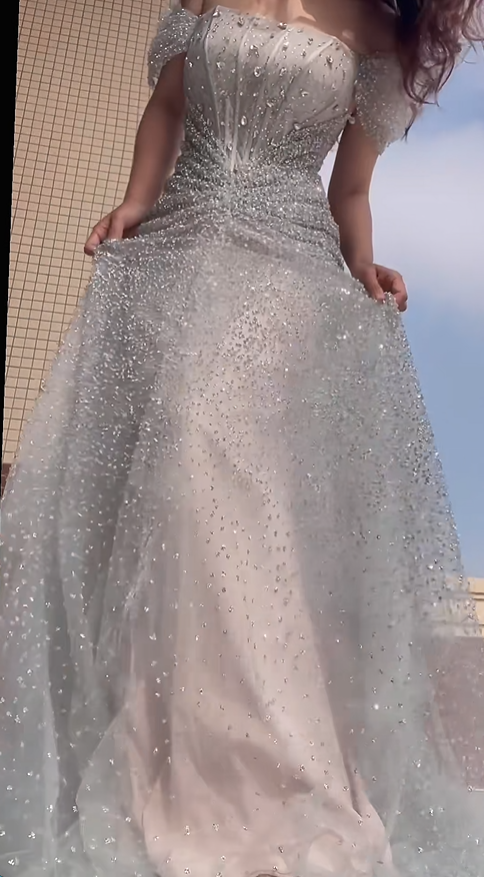Sparkly Silver Tulle Sequin Beaded Mermaid Long Evening Dress Off The Shoulder Birthday Party Dress