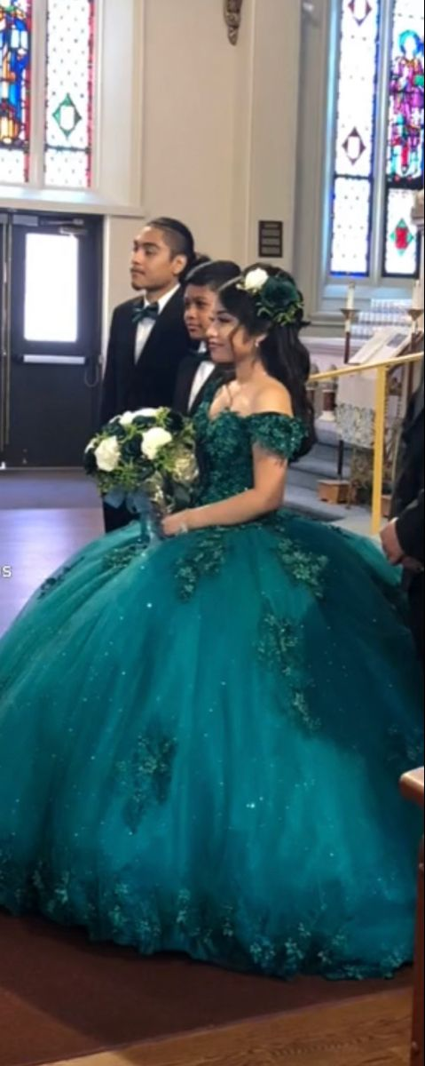Off The Shoulder Green Ball Gown Sweet 16 Dress