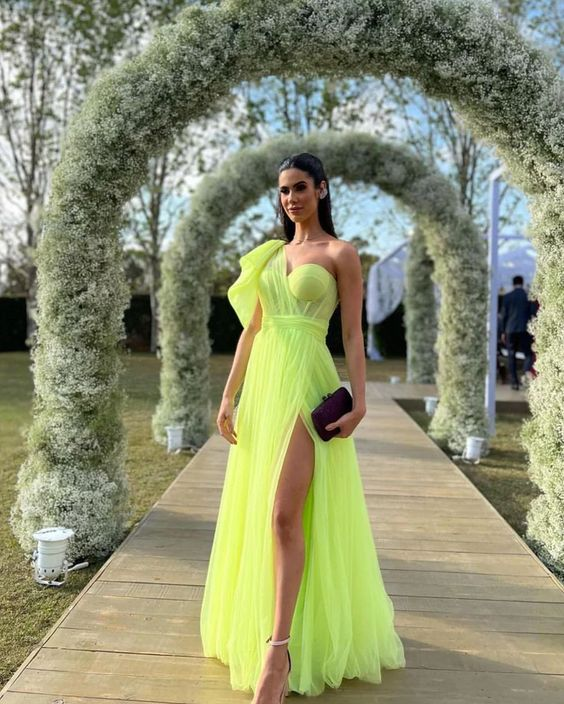 Charming A Line One Shoulder Fluorescent Green Tulle Long Prom Dresses with Slit