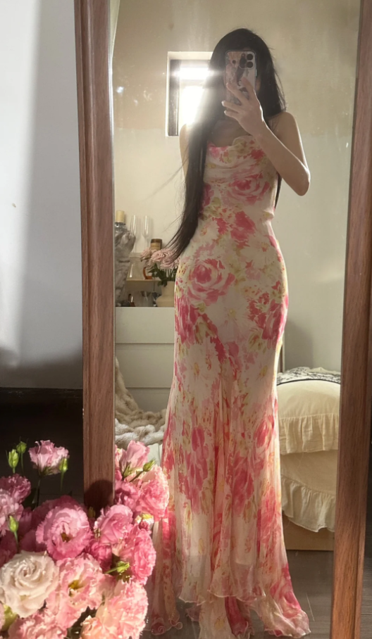 Fairy Spaghetti Straps Pink Chiffon Rose Floral Mermaid Long Party Dress 18th Birthday Outfits