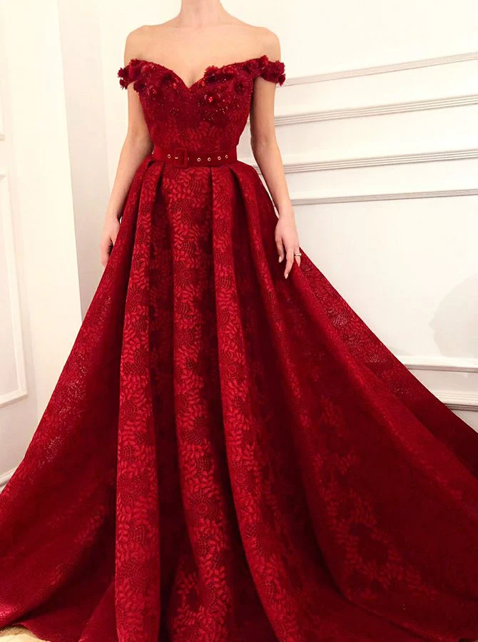 Sweetheart A Line Red Lace Long Off Shoulder Prom Dresses