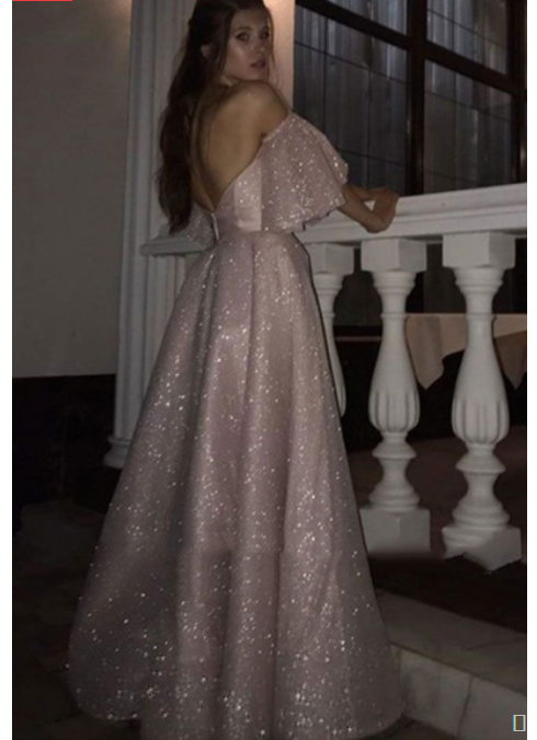 Stunning & Sparkly Off Shoulder Pink Prom Dress