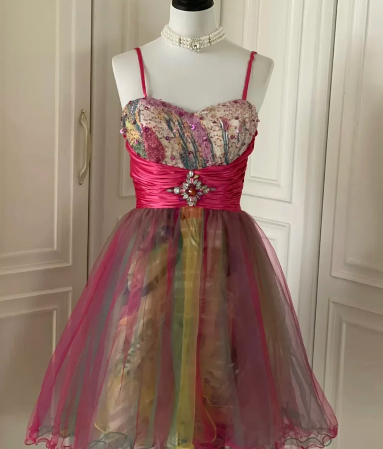 Unique Spaghetti Straps Tulle Sequin A Line Homecoming Dress Mini Party Dress