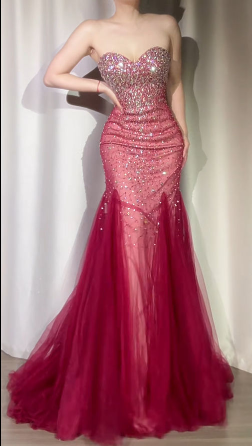 Sparkly Burgundy Strapless Tulle Beaded Mermaid Long Evening Dress Formal Birthday Party Dress