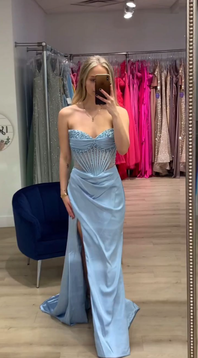 Classy Strapless Blue Satin Beaded Slit Mermaid Party Dress Long Prom Dress